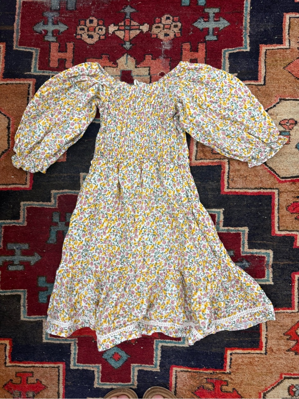 Jessica Simpson Girls Yellow & Pink Floral Smocked Puff-Sleeve Dress